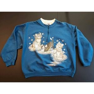 Vintage Morning Sun 90s Kitties Cats High Neck Sweatshirt Snowflakes Winter